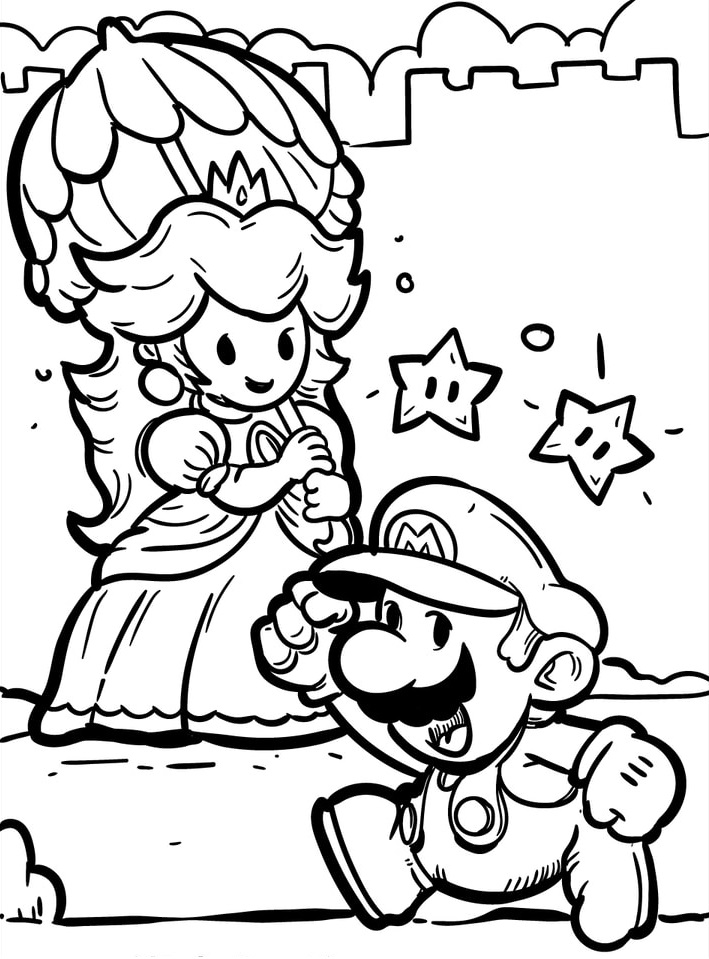 Ausmalbild Super Mario und Princess Peach