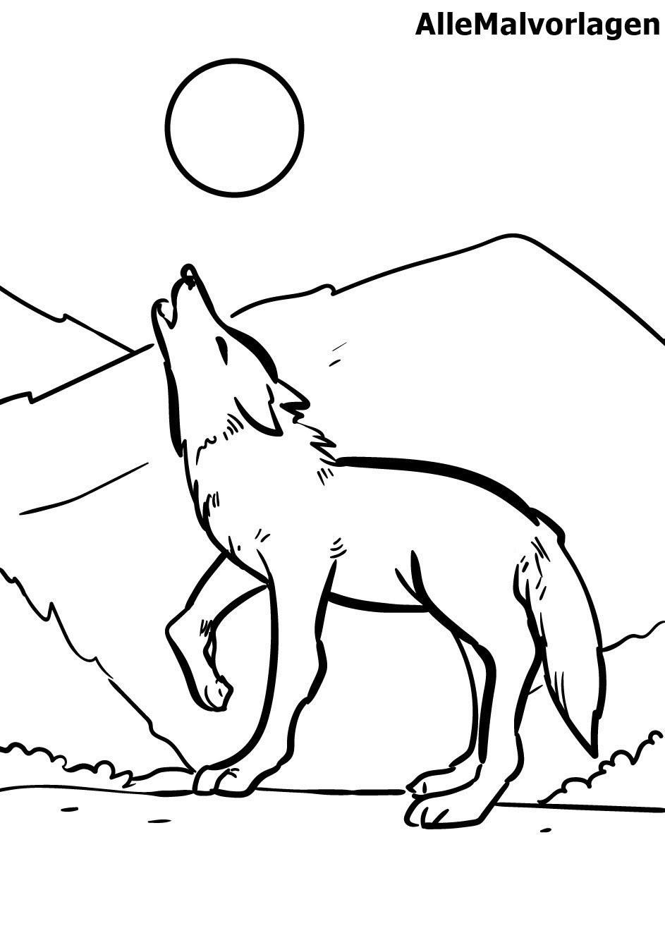 Ausmalbilder Wolf und Mond – Drucken